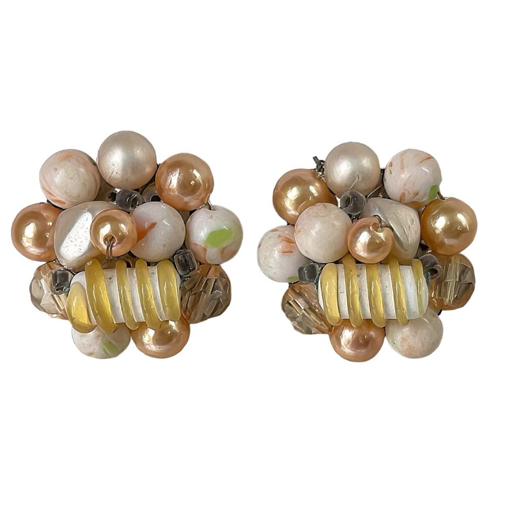 1960s Japan Peach & White Plastic Beaded Cluster Mid Century Clip On Earrings